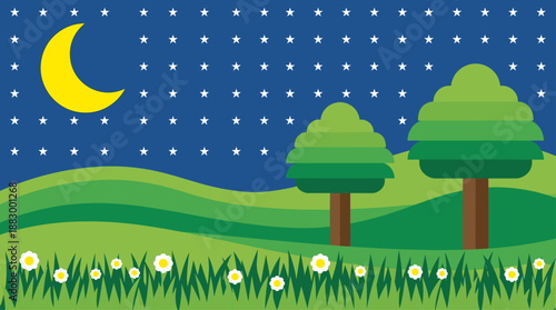 Night Landscape Vector Illustration with Crescent Moon and Stars in a Clean Flat Design Style