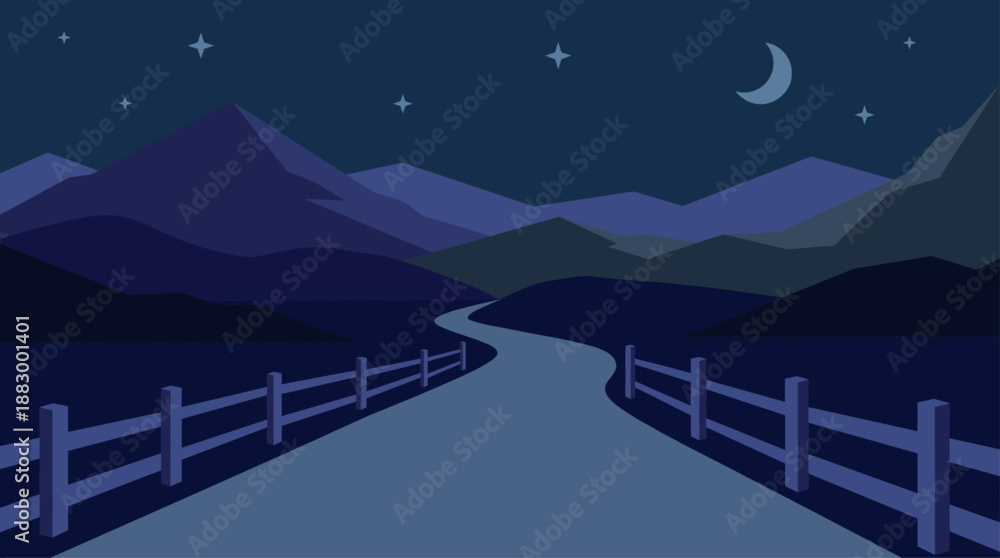 Fototapeta premium Minimalist Mountain Night Landscape Vector Illustration with Winding Road Moon and Stars Flat Design