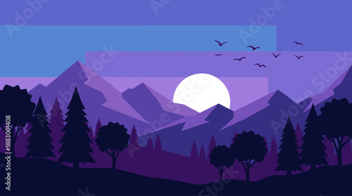 Minimalist Vector Illustration of Purple Mountain Landscape with Sun and Forest in Flat Design Style