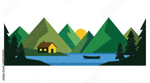 Mountain Landscape with Cabin and Lake Flat Design Vector Illustration at Sunrise