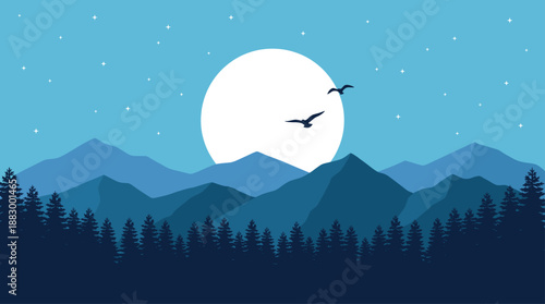 Minimalist Vector Illustration of Night Mountain Landscape with Full Moon and Pine Forest