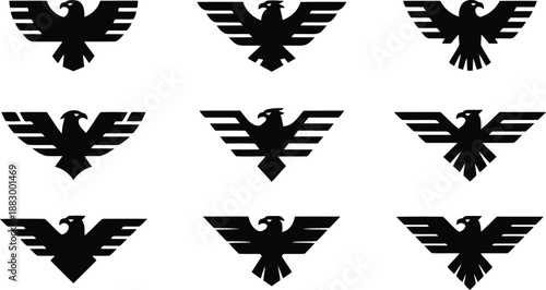 Nine distinct black geometric eagle and phoenix emblems showcased clearly on a crisp white backdrop