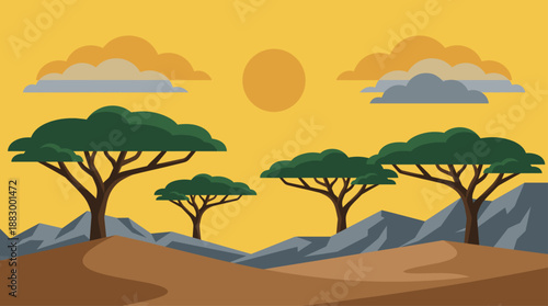 African Savanna Landscape at Sunset with Acacia Trees and Mountains Flat Design Vector Illustration