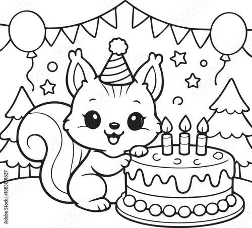 Charming coloring page for kids: a squirrel holding a birthday cake. Perfect for parties, gifts, and creative activities. Simple, cute design for young children.