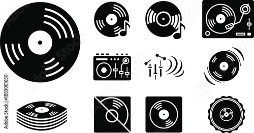 vinyl records and DJ equipment. DJ graphics analog music playback vector icon set. 