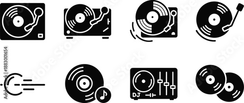 vinyl records and DJ equipment. DJ graphics analog music playback vector icon set. 