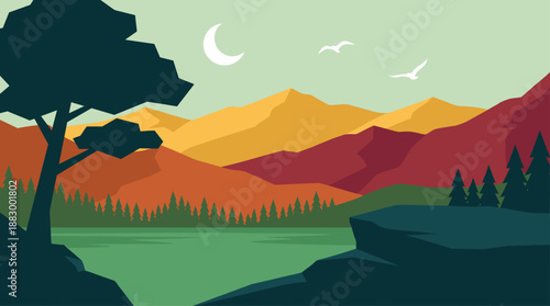 Minimalist Illustration of Mountain Landscape with Lake and Crescent Moon in Flat Design Style