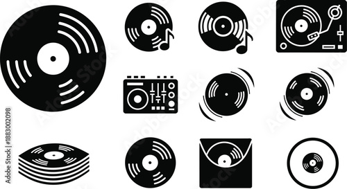 vinyl records and DJ equipment. DJ graphics analog music playback vector icon set. 
