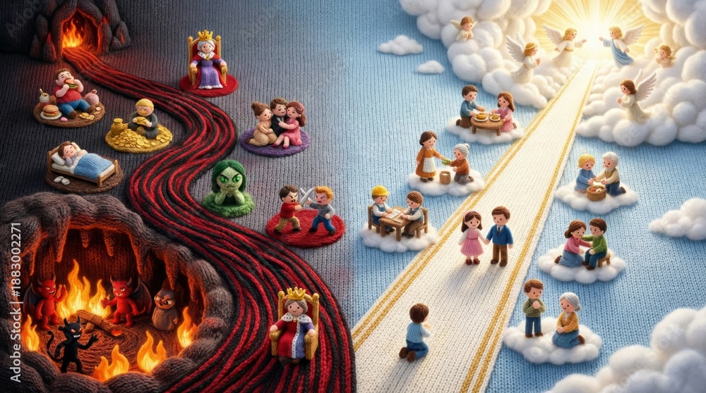 Obraz premium Knitted representation of heaven and hell, depicting spiritual path choice between good and evil for childrens religious education concept.