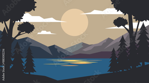 Minimalist Illustration of Mountain Lake Landscape at Sunset in Flat Design Vector