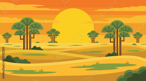 Minimalist Flat Design Vector Illustration of a Golden Savanna Sunset with Trees