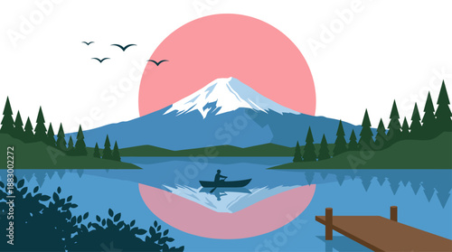 Minimalist Illustration of Snowy Mountain and Lake with Boat Vector Illustration Flat Design