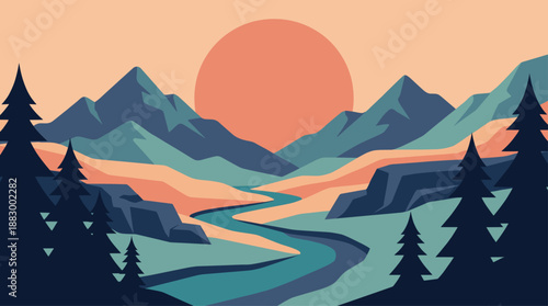 Minimalist Illustration of Mountain Landscape with River and Large Sun in Flat Design Style