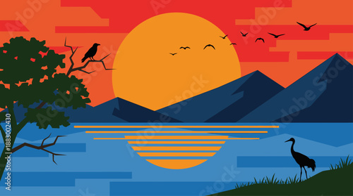 Scenic Sunset Landscape with Mountains and Lake Vector Illustration in Flat Design