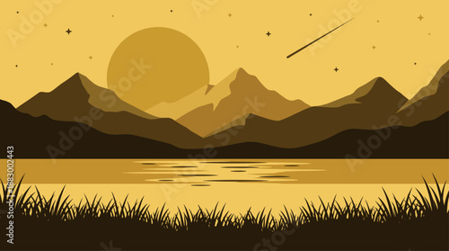 Flat Design Vector Illustration of a Golden Mountain Lake Landscape with Shooting Star