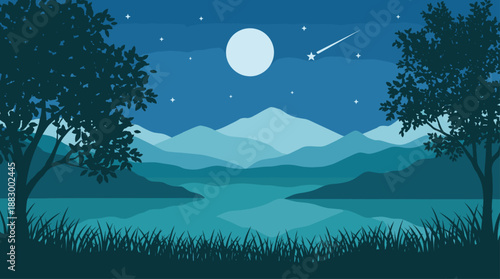 Flat Design Vector Illustration of a Minimalist Night Landscape with Mountains Moon and Lake