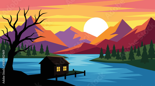 Vector Illustration of a Cozy Cabin by a Lake with Mountains and Sunset in Flat Design