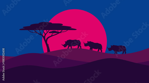 Rhino Silhouettes on Savanna Landscape with Pink Sun Vector Illustration Flat Design