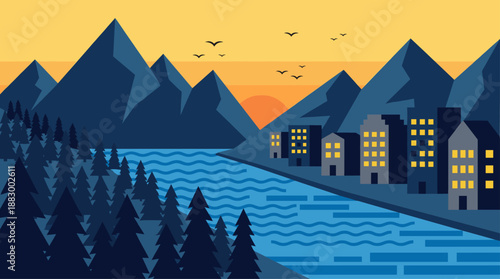 Flat Design Vector Illustration of a Mountain Landscape with City River and Sunset