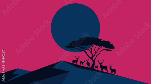 Minimalist Illustration of Deer Silhouettes Under a Tree with a Large Blue Moon Vector Illustration