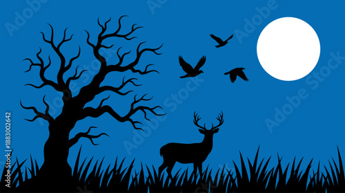 Silhouette of Deer Under Full Moon Night Landscape Vector Illustration and Flat Design