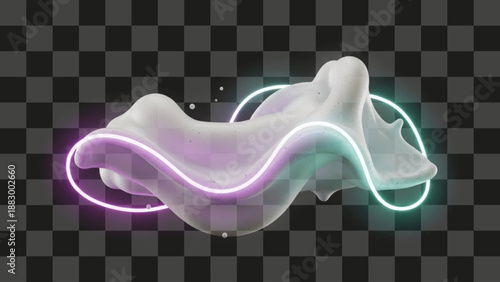 Foam Shape Wavy 3D Volumetric Mass Illuminated by Bright Purple and Cyan Neon Light Tubes.