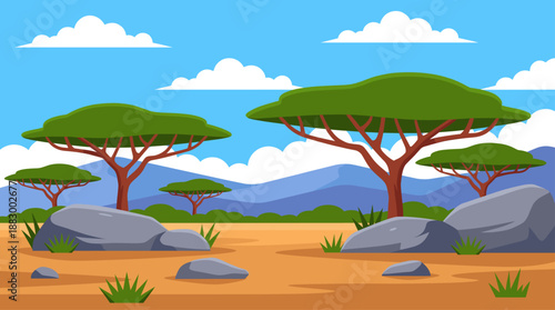 African Savanna Landscape with Acacia Trees and Mountains Vector Illustration Flat Design