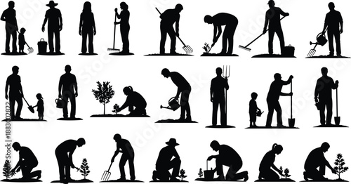 Collection of Black Silhouettes Featuring People Gardening Planting Trees and Maintaining Outdoor Landscapes for Professional Agriculture Horticulture and Springtime Home Improvement Concept Assets