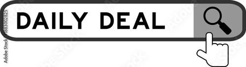Search banner in word daily deal with hand over magnifier icon on white background