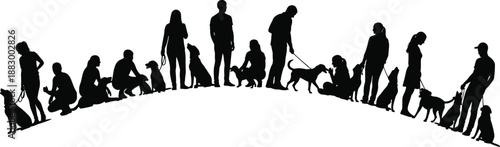 Collection of Black Silhouettes Featuring Diverse People Walking and Playing with Their Dogs in a Park Setting for Pet Ownership Friendship and Outdoor Lifestyle Concepts