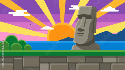 Serene Moai Statue at Tropical Sunset Landscape Flat Design Vector Illustration