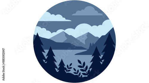 Serene Blue Mountain Landscape Vector Illustration with Trees and Lake in Flat Design Style