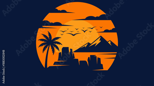 Minimalist Flat Design Vector Illustration of a Tropical Sunset with Palm Tree and Mountains