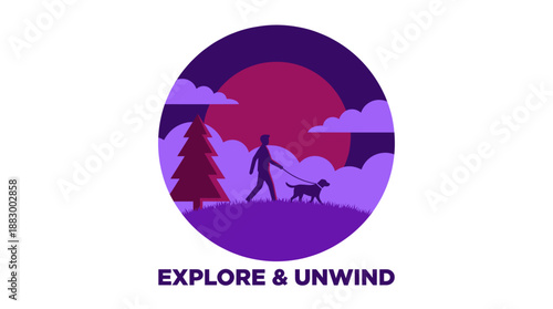 Vector Illustration of a Person Walking a Dog at Sunset in Flat Design Style