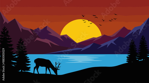 Minimalist Flat Design Vector Illustration of a Deer Grazing at Sunset in the Mountains