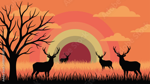 Minimalist Flat Design Vector Illustration of Deer Silhouettes in a Sunset Forest Landscape