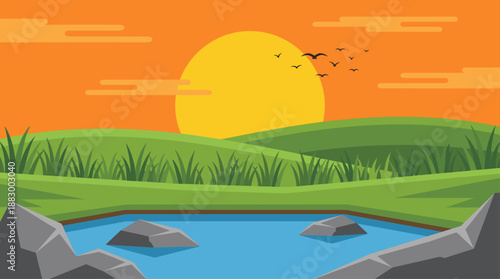 Flat Design Vector Illustration of a Serene Nature Landscape with Sunset Hills and Pond