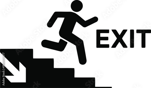 Standard emergency exit sign featuring a person running down a flight of stairs toward the right