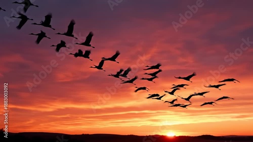 Migrating birds silhouetted across fiery sunset sky.