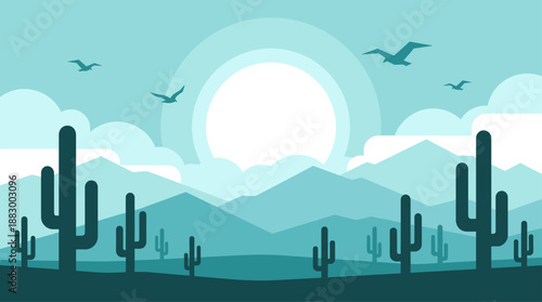 Minimalist Desert Landscape Vector Illustration with Cacti Mountains and Sun in Flat Design