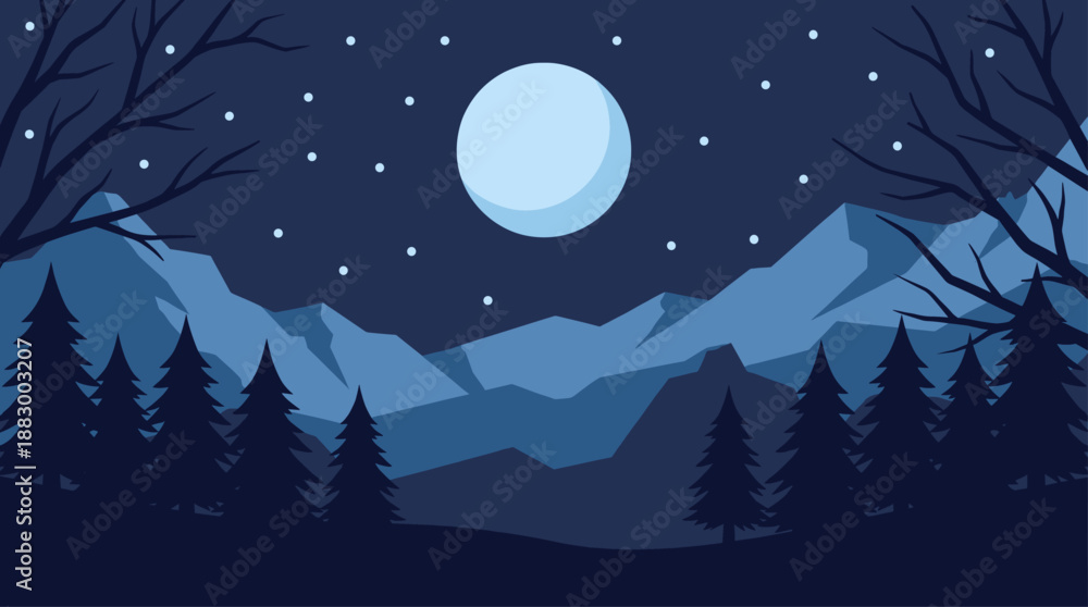 Fototapeta premium Flat Design Vector Illustration of a Night Mountain Landscape with Moon and Stars