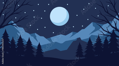 Flat Design Vector Illustration of a Night Mountain Landscape with Moon and Stars