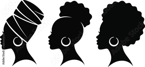 Striking black female silhouettes with distinct hairstyles and traditional African headwear