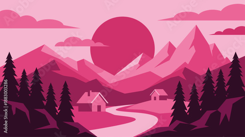 Flat Design Vector Illustration of Pink Mountains and Cabins in Nature Landscape