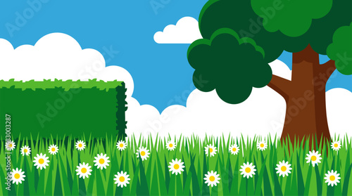 Vibrant Flat Design Vector Illustration of a Sunny Park Meadow with Tree and Daisy Flowers
