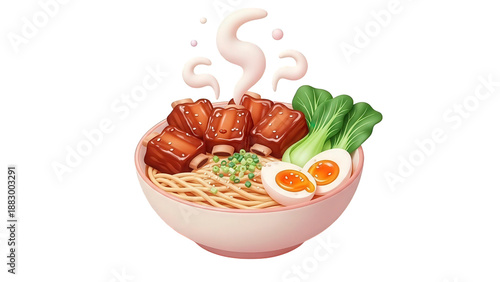 Steaming Bowl of Ramen Noodles with Pork Ribs and Egg