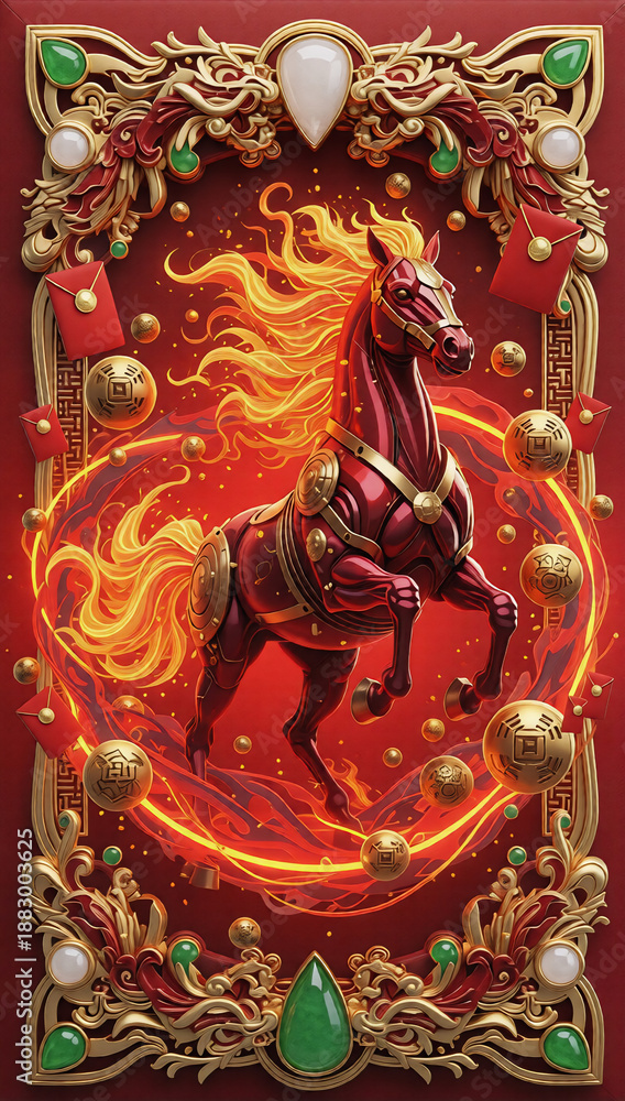 Fototapeta premium Ornate 3D Chinese New Year illustration featuring a majestic golden horse in motion, surrounded by traditional symbols like red lanterns, gold coins, and lucky envelopes on a rich burgundy background 