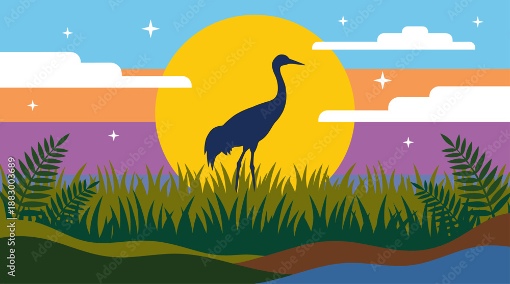 Fototapeta premium Crane Bird Silhouette in Marsh at Sunset Vector Illustration Flat Design Minimalist Nature Scene