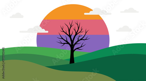 Minimalist Illustration of a Bare Tree on Rolling Green Hills with Sunset Vector Illustration