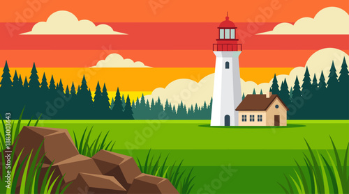 Minimalist Landscape Vector Illustration of Lighthouse and Forest at Sunset Flat Design